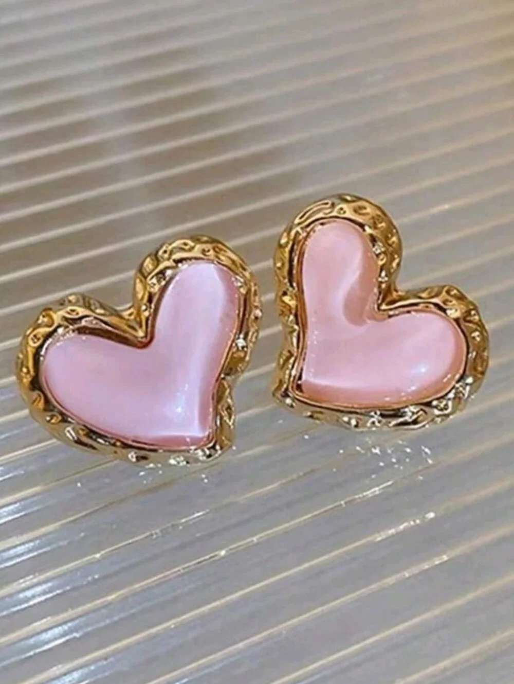 NEW! 14k Gold Plated Chic Pink Puffy Heart Gold-Trim Stud Earrings-Women Jewelry